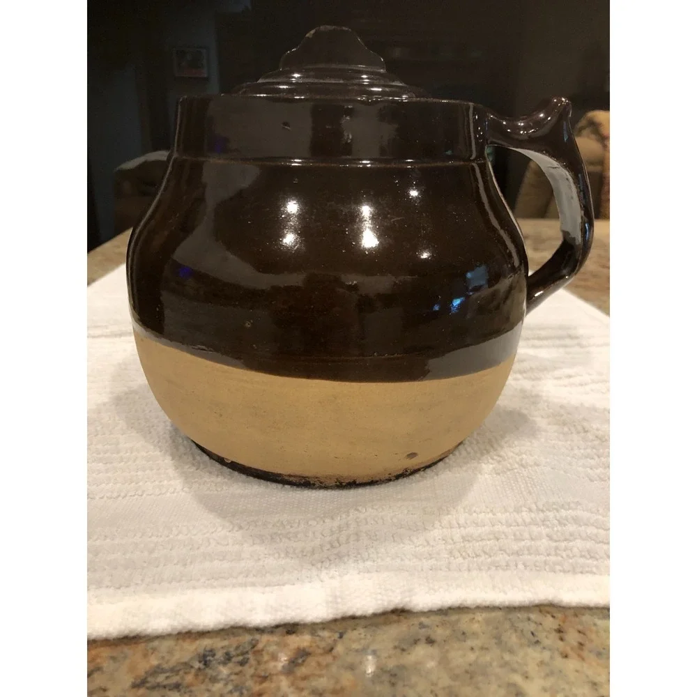 Antique Stoneware Bean Pot With Lid